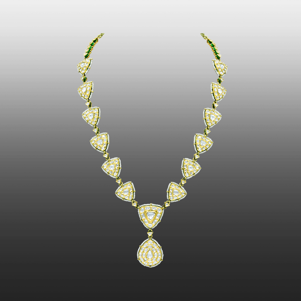 Gold Polki Necklace with Triangular and Teardrop Motifs